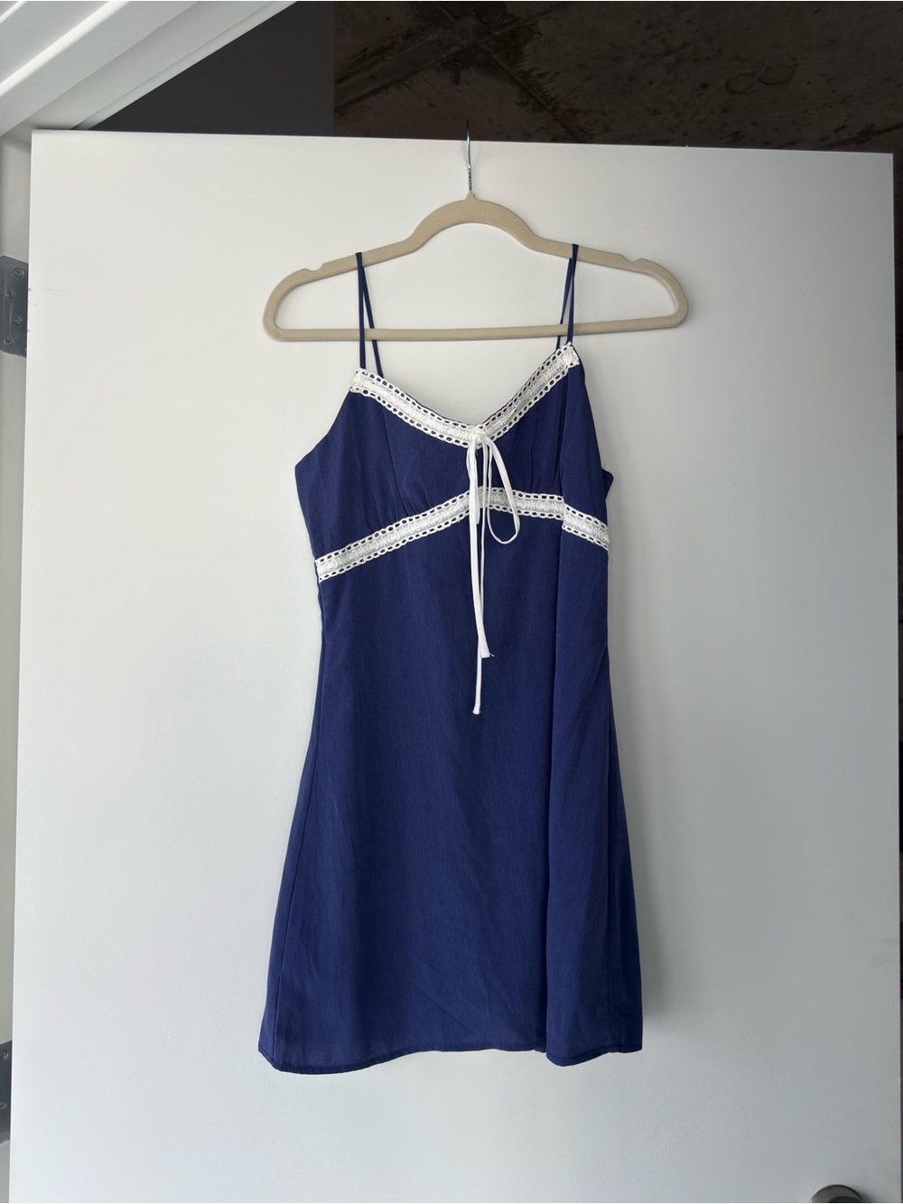 Navy Slip Dress with White Lace Trim
